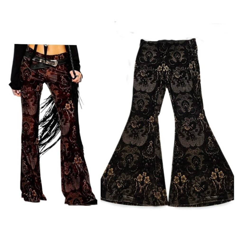 Free People Maura Velvet Flare Pant Boho Hippie Bell Bottom Black Tan Brown M
